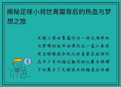 揭秘足球小将世青篇背后的热血与梦想之旅